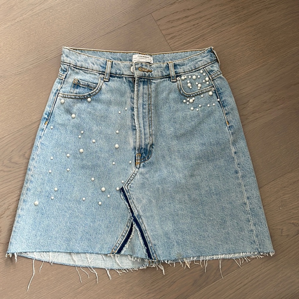Zara Denim skirt with white pearls